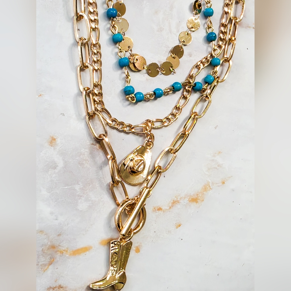 Gold Western Layered Necklace Set Cowboy Boot & Hat Charms Turquoise Beads - Picture 8 of 10